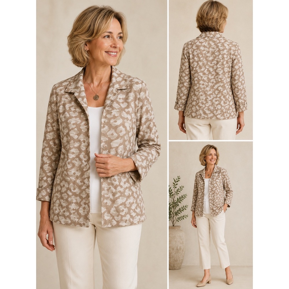 Lafayette 148 New York Tan Animal Print Hook Eye Jacket Petite P Cotton Blend